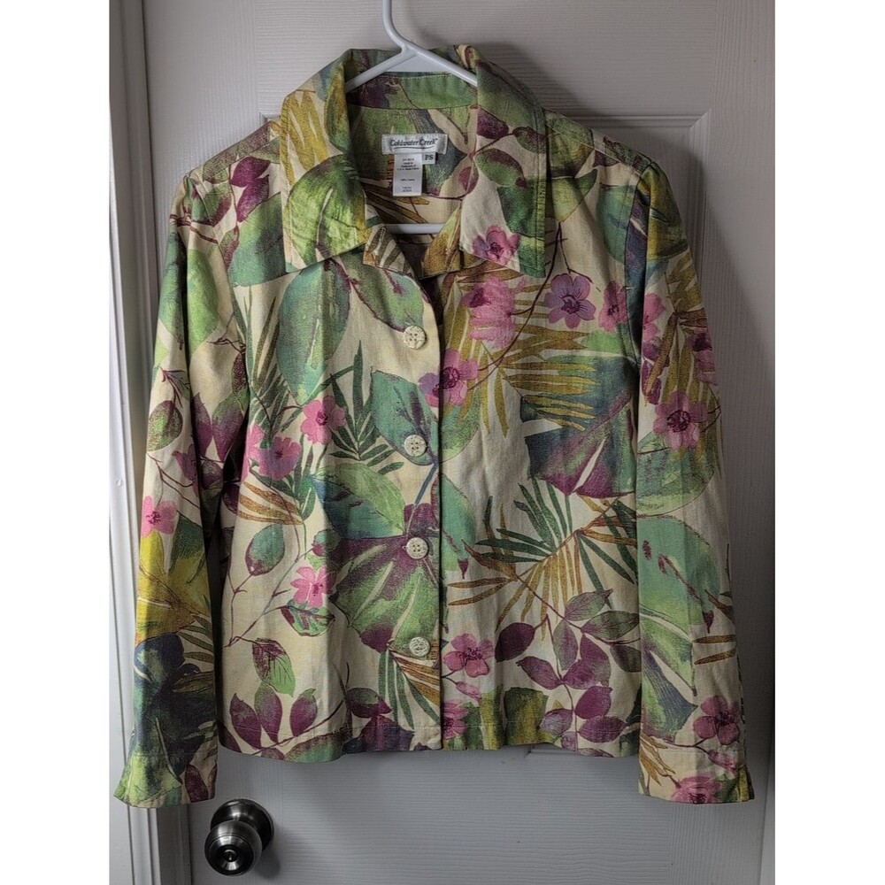 Coldwater Creek 100% Cotton Cream Jacket with Floral Botanical Print Size PS